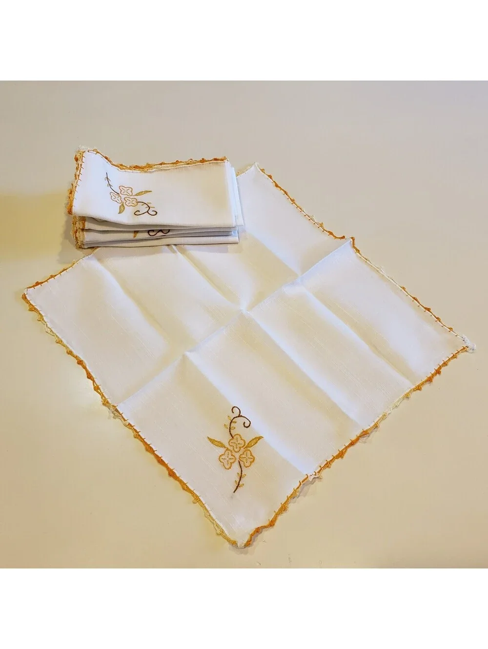 Vintage Linen Napkins Crocheted Embroidered QTY 8 Orange Trim Floral